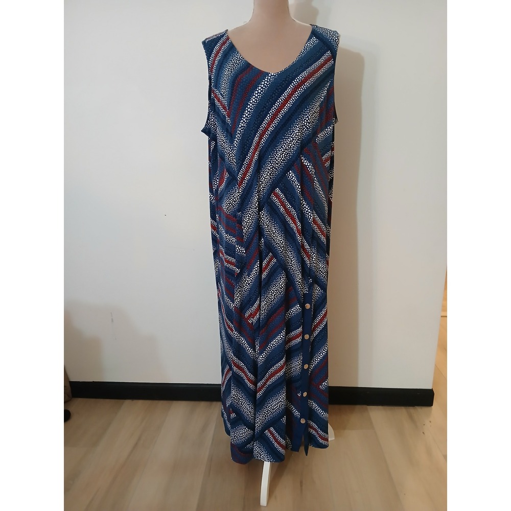 Susan Graver Liquid Knit Maxi Dress 2X Blue Red Dot Print V-Neck Sleeveless
